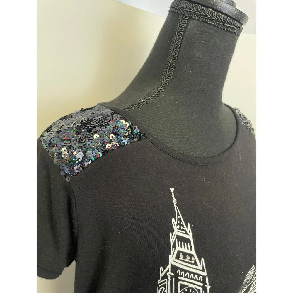 Justice Juniors Size 14 Black London Graphic Tee Sparkly Embellished Shoulder‎